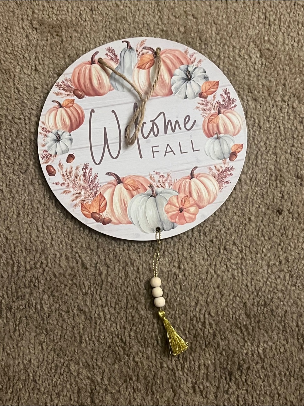 Fall Pumpkin Round Wall Sign - Peach and White